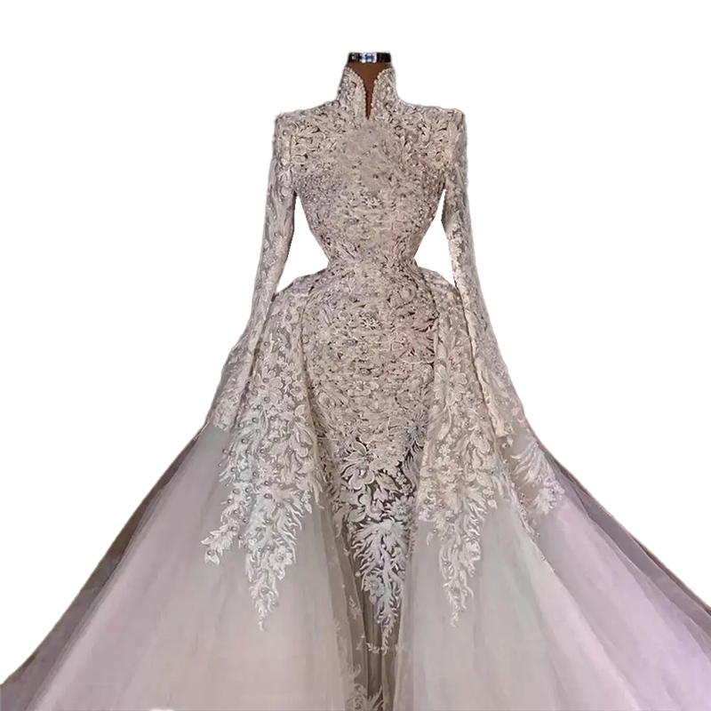 High Neck Muslim Wedding Dresses With Lace Appliques Pearls Beaded Ivory Tulle Long Bridal Gowns Detachable Train Arabic Dubai Bride Formal Dress