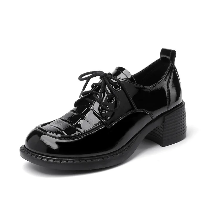 AIYUQI Women Shoes Loafers Genuine Leather Spring Lace-up Mid Heels Shoes Women British Style Large Size Women Shoes