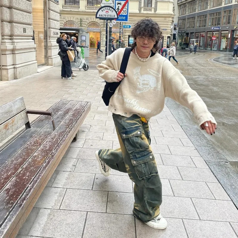 Streetwear Stylish Three-dimensional Pocket Washed Baggy Jeans Men Y2K Gothic Retro Casual High Waist Wide Leg Pants 241217