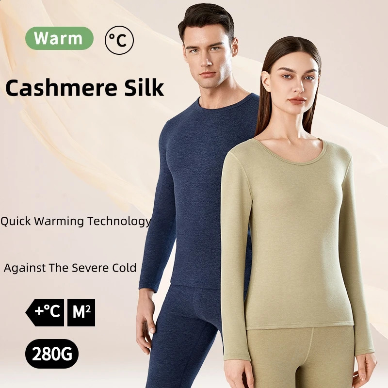 Couple Cashmere Silk Thermal Underwear Round Neck Traceless Autumn Winter Warm suit Heating Autumn Long home Clothes Pants 241216