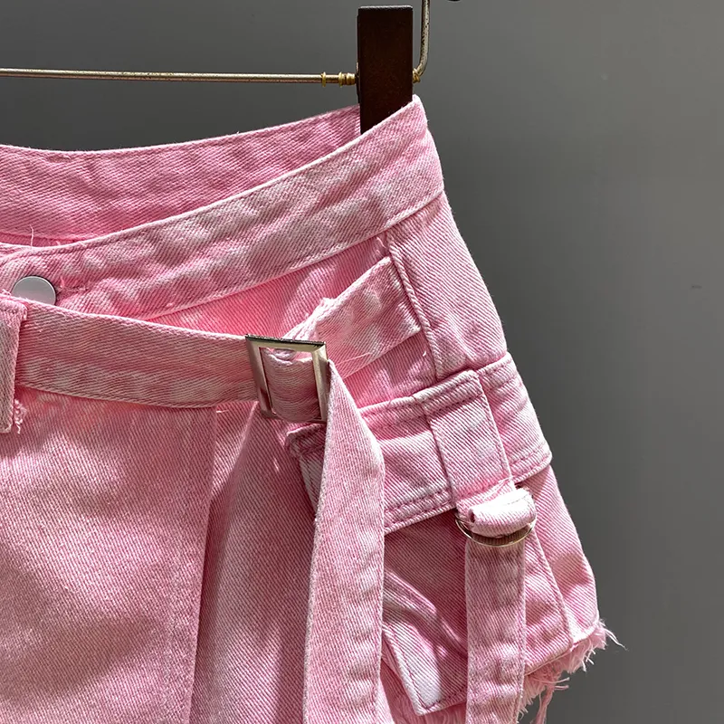 Irregular Pink Denim Skirt Women's Summer High Waist Slimming False Two-Piece A- Line Short Mini Skirt
