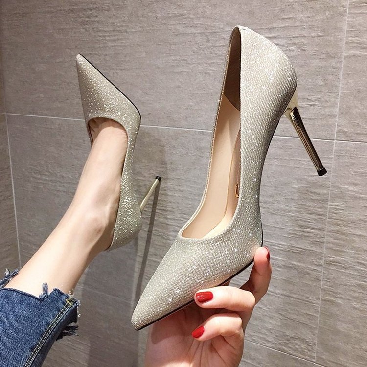 Women Dress Shoes High Heel Pointed Toe Slim Sequin Fashion French Sexy Plus Size Triple Black Gold Silver Free shipping