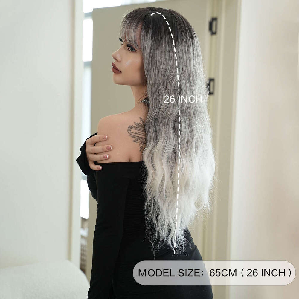 New Women's Wig Gray Gradient Long Curly Hair Big Wave Synthetic Full Head Cover Ombre Grey Wig Kq9 Kq9