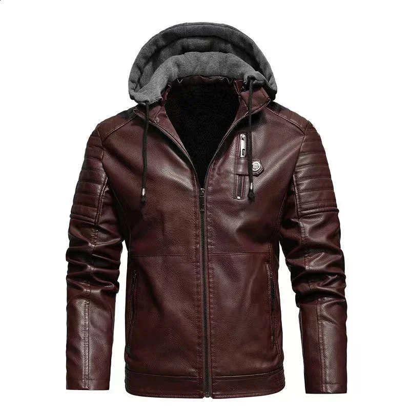 Fashion Mens Hooded Jacket Autumn Winter Faux Leather Men Military Style Outwear Motocycle Zipper Pockets Coat 241217