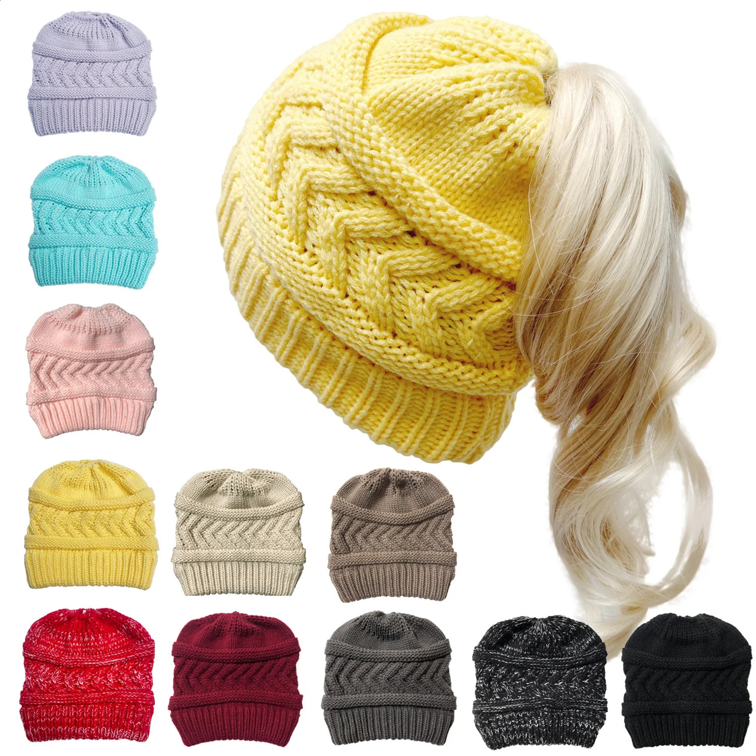 Winter solid color Beanie hat dome warm ponytail knitted hat womens solid color fashionable outdoor 241213