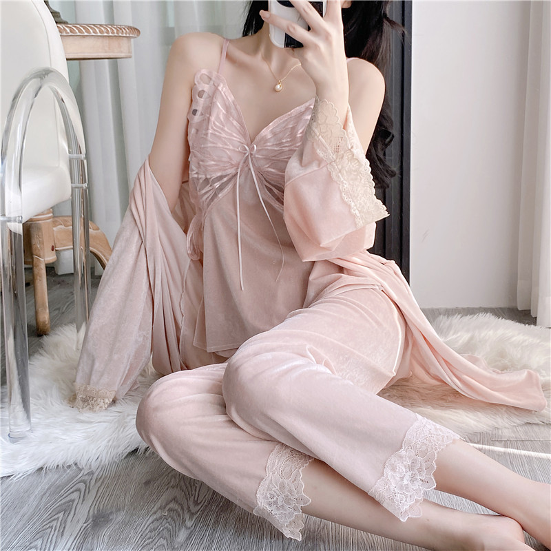 B582-Comfortable home clothes butterfly gold velvet pajamas female sexy with chest pad gold velvet sling nightdress robe three-piece set