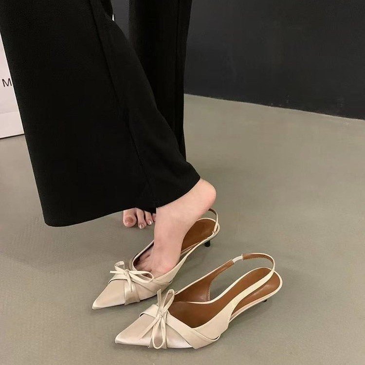 Women Sandals French Gentle Style Bow Design High Heel Silk Niche Shoes Pointed Toe Slip-on Trendy Triple Black Silver Apricot Free shipping