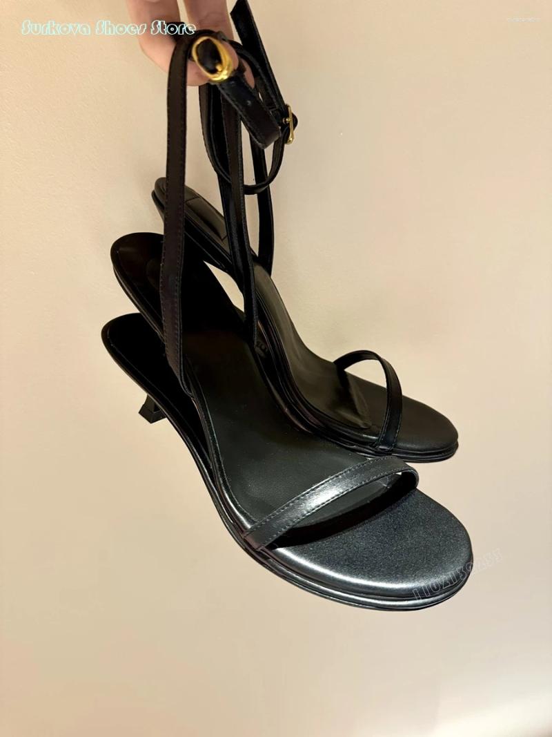 Sandals Surkova Women's Les Doubles Leather Fashion Round Open Toe Buckle Strap High Heels Summer Party Dress Strappy Stilettos