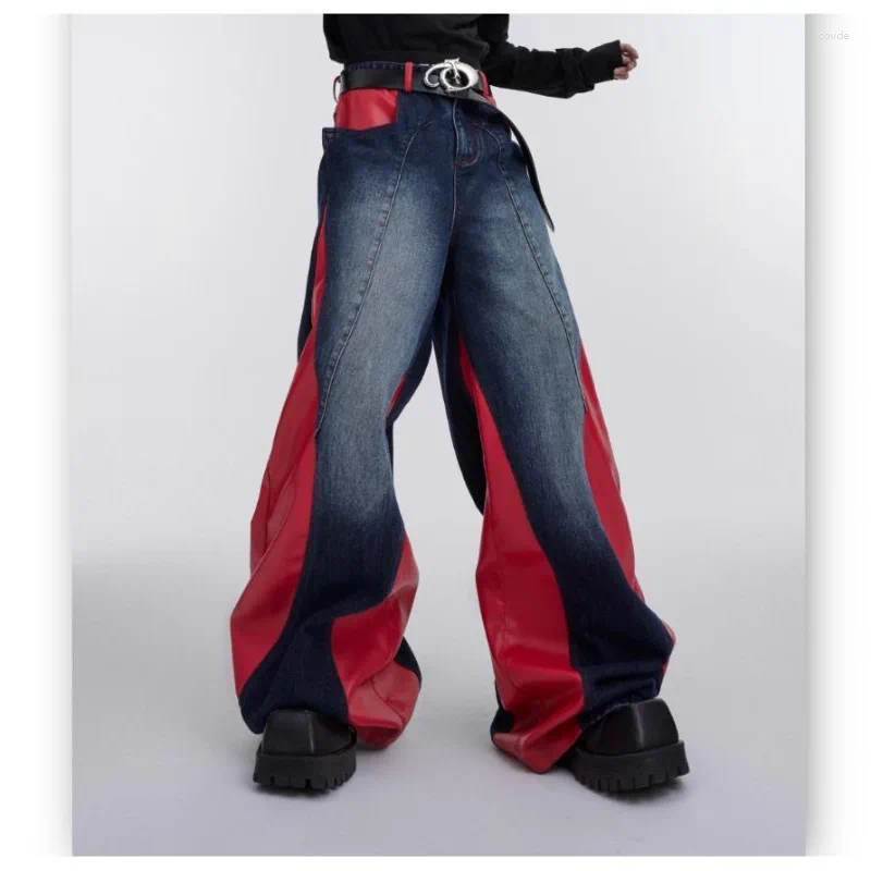Men's Jeans Vintage Baggy Men Clothing Street Fashion Hip Hop PU Leather Splicing Washed Mens Casual Versatile For