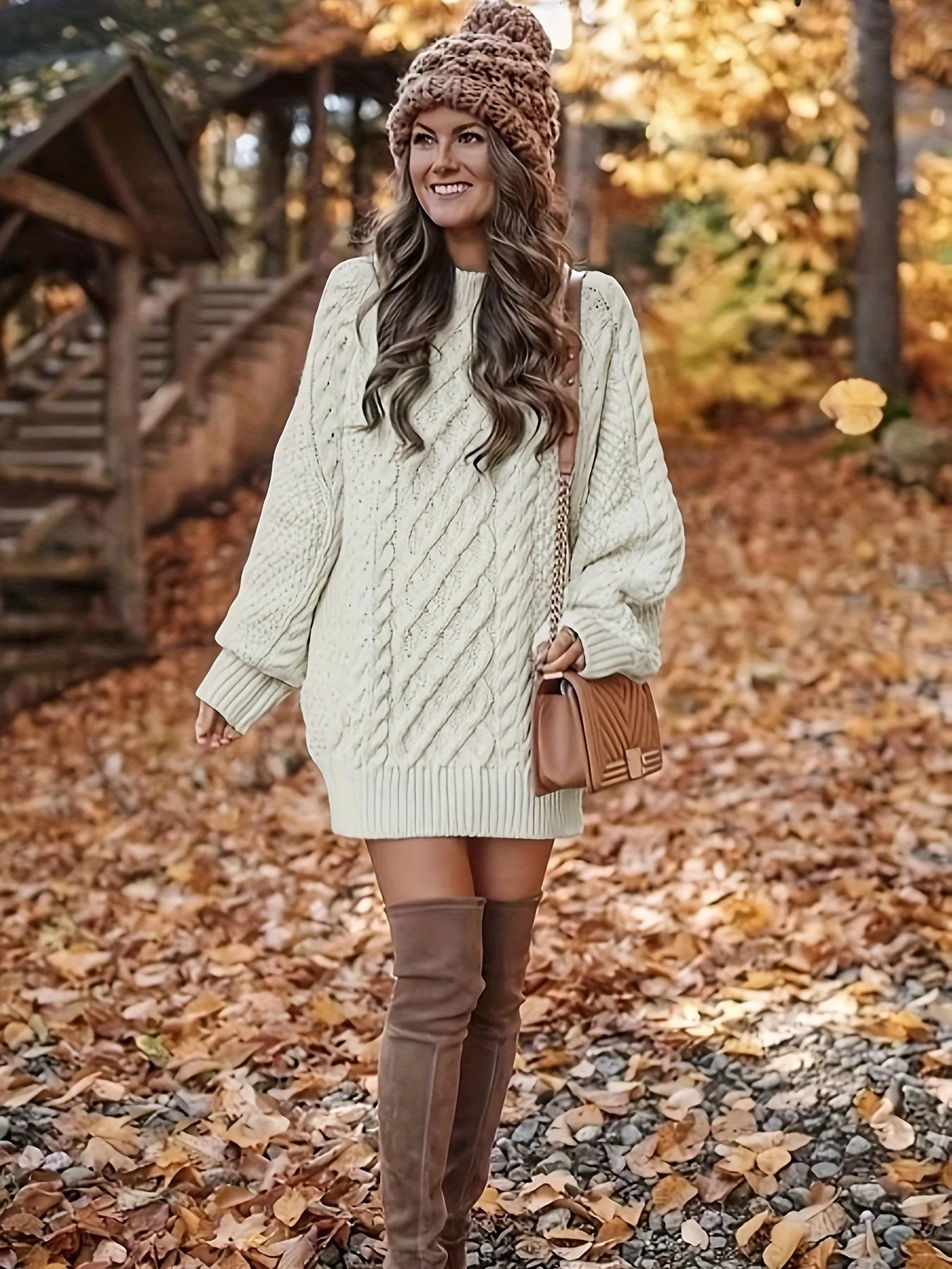 Comfortable womens long sleeved cable knit dress casual solid color crew neckline loose fit suitable for daily wear 241212