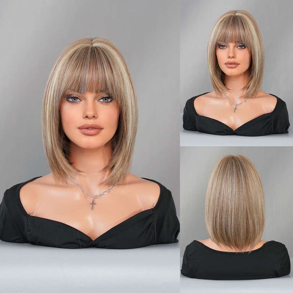 Wig For Women Bangs, Tea Brown, Dyed Rice, Fashionable Short Straight Hair, Headband With Inner Button, Bob Wig Kq9 Kq9