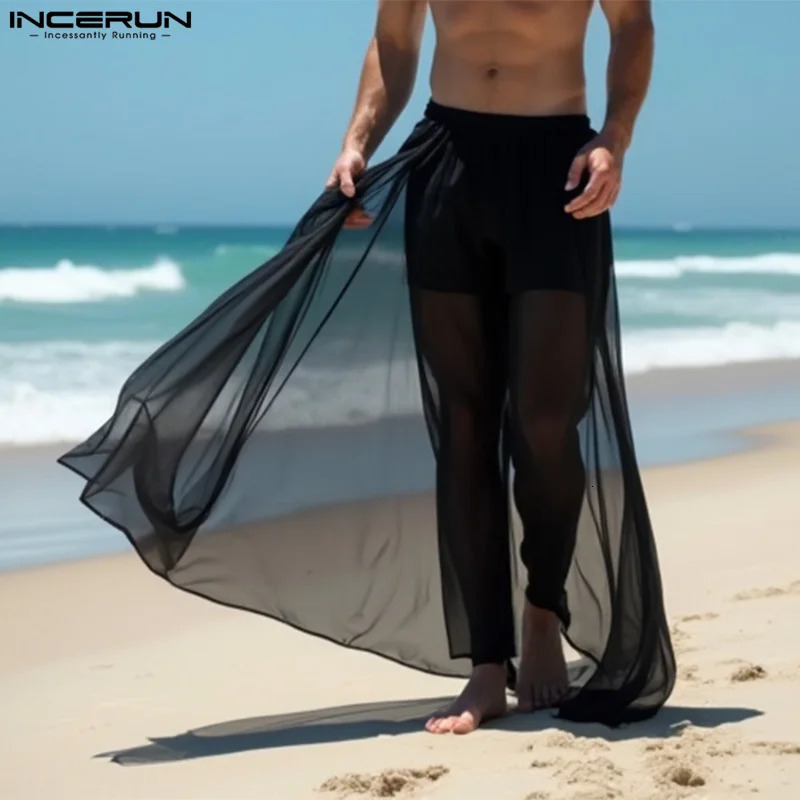 INCERUN American Style See Through Gauze Pants Mens Casual Solid Color Two Piece Set Simple Gauze Bottom 241216