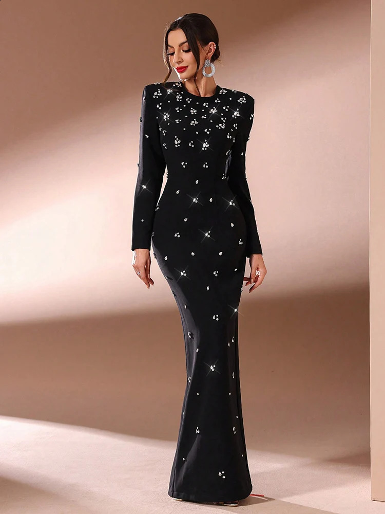 TOLEEN Women Solid Color Rhinestone Decorated Casual Long Sleeve Dress 2024 Elegant Formal Party Evening Maxi Dresses 241216