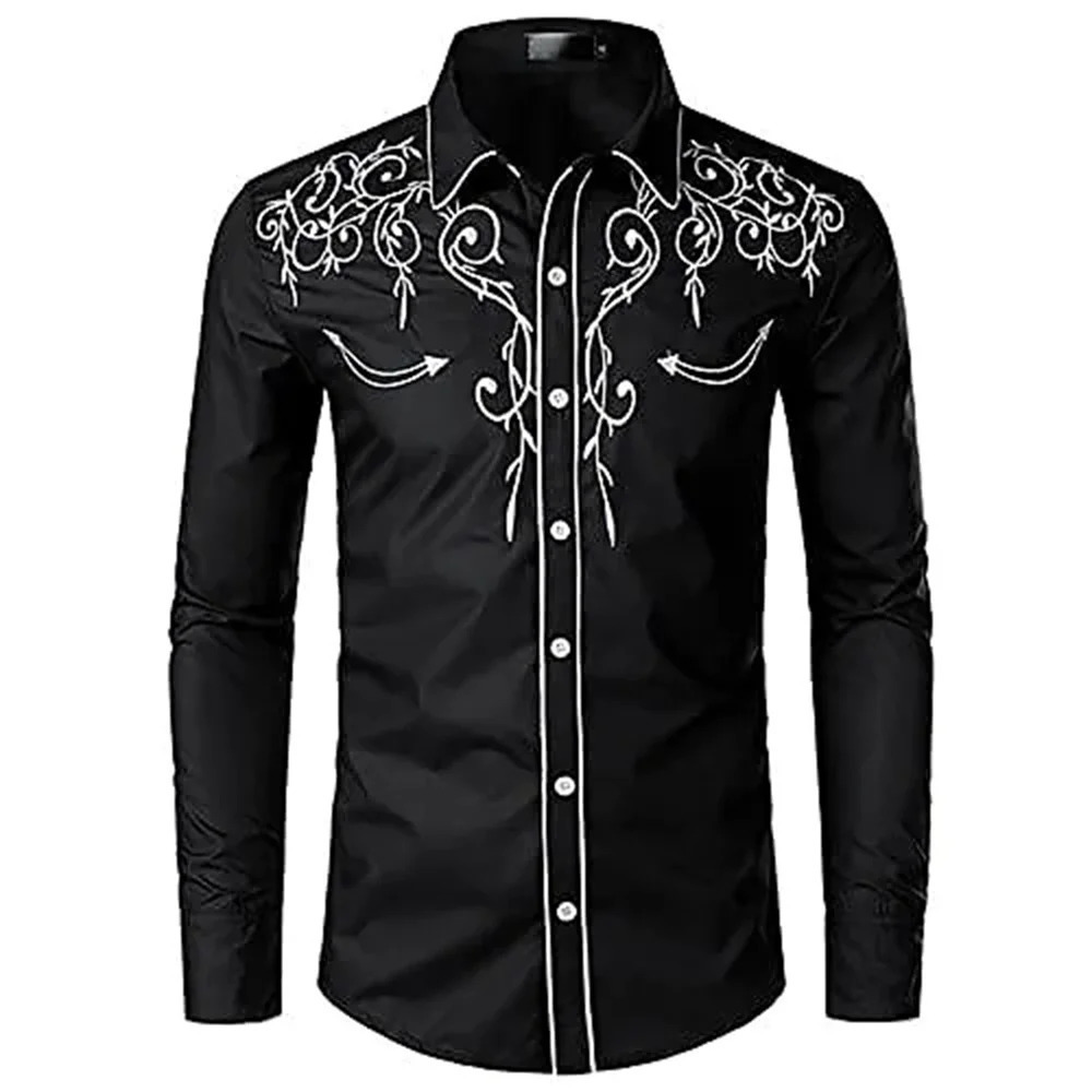 Mens Western style Printed Long Sleeve Collar Single Chest Casual Shirt Mens Club Street Clothing 241216