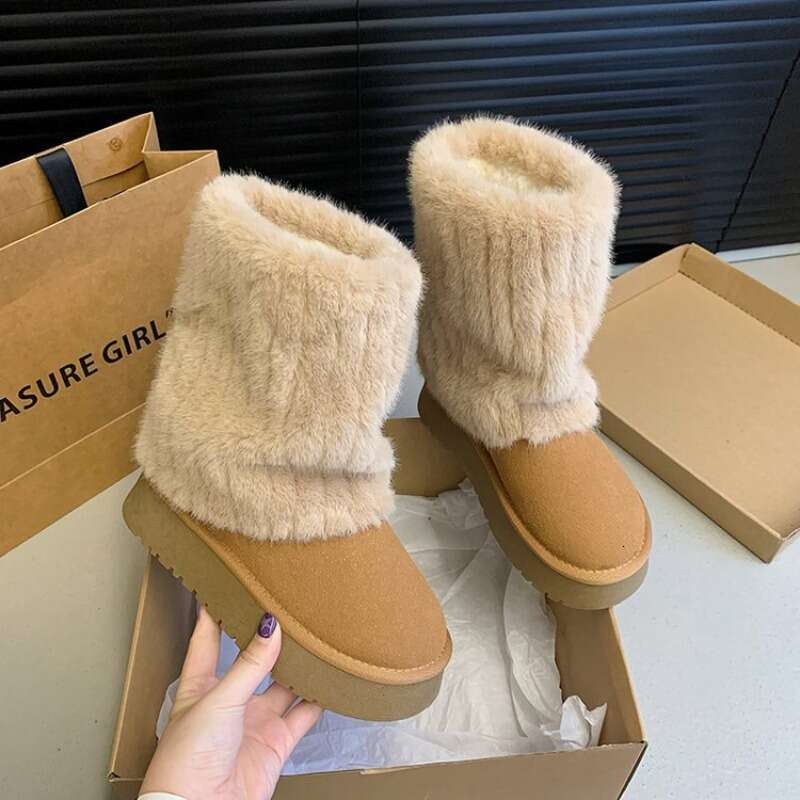 2024 Winter New Fashion Furry Hem Wedge Non-slip High Women's Outdoor Warm and Comfortable One-foot Snow Boots