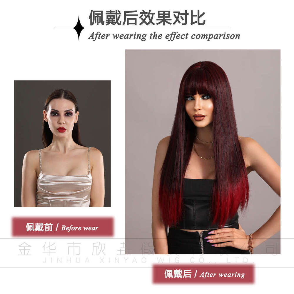 Attention To Ordering - Wig Straight Style Black Gradient Red Long Curly Hair Wig Headband Full Top 24 Inches Kq9 Kq9