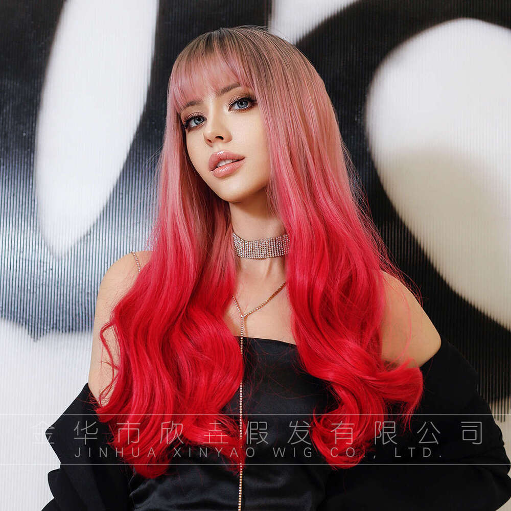 Wig, Pink Curly Hair Wig, Natural Full Head Cover, Human Fishmeal Bangs, Long Hair, Fashionable Wig Cover Kq9 Kq9