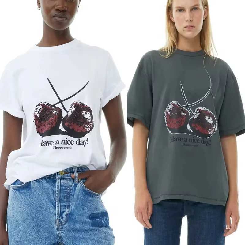Women's T-Shirt 2025 New Spring/summer T-shirt Cherry Print Casual Boudoir Wear Round Neck Loose Short-slved T-shirt Y241212G1V2