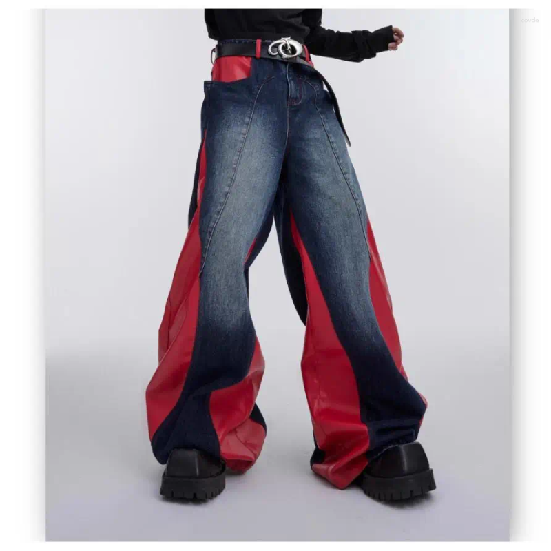 Men's Jeans Vintage Baggy Men Clothing Street Fashion Hip Hop PU Leather Splicing Washed Mens Casual Versatile For
