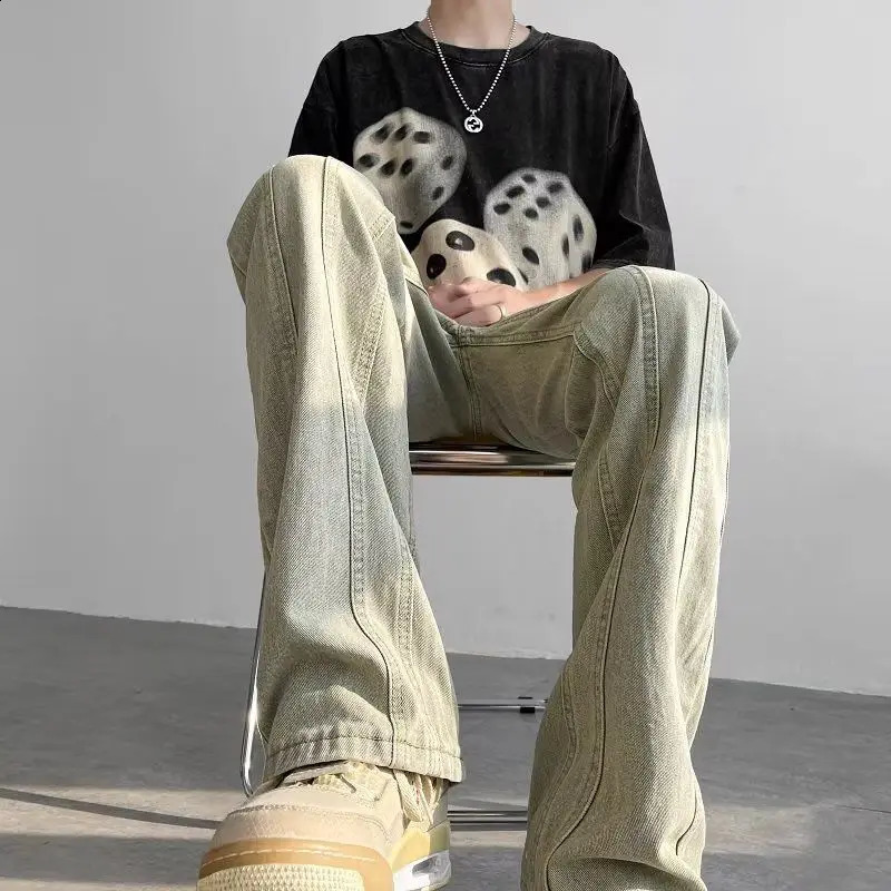 High Street Vibe Washed Vintage Jeans for Men Ins Trendy Versatile Straight Leg Wide Leg Yellow Mud Dyed Pants 241217