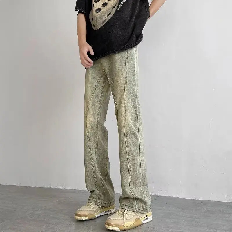 High Street Vibe Washed Vintage Jeans for Men Ins Trendy Versatile Straight Leg Wide Leg Yellow Mud Dyed Pants 241217