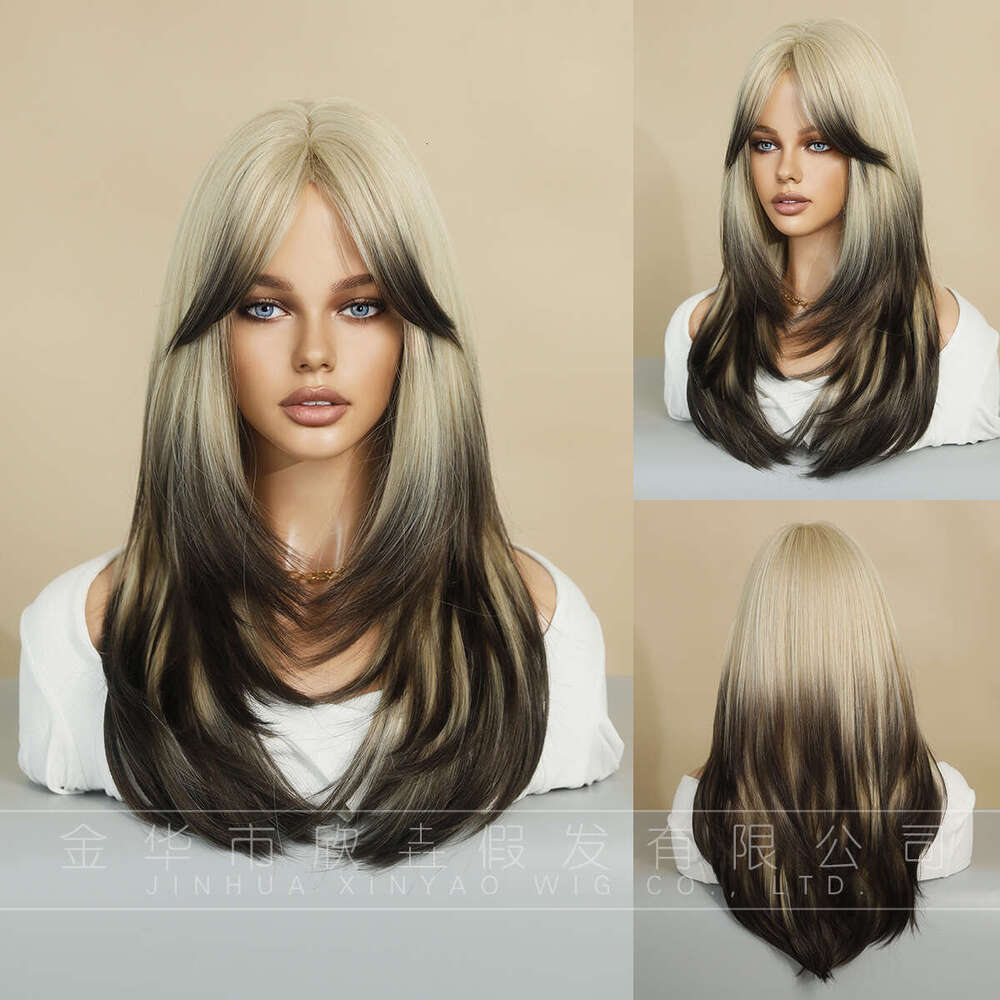 Layered Female Gradient Long Curled Synthetic Wig Head Cover Brown Hair Tail Dyeing Kq9 Kq9