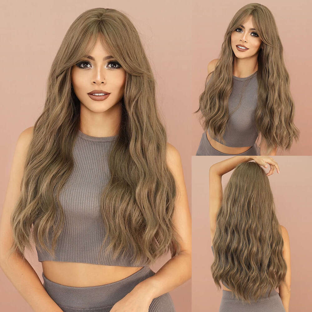 Japanese And Korean Women's Long Curly Hair Fog Tea Light Brown Eight Character Bangs Wave Synthetic Wig Kq9 Kq9