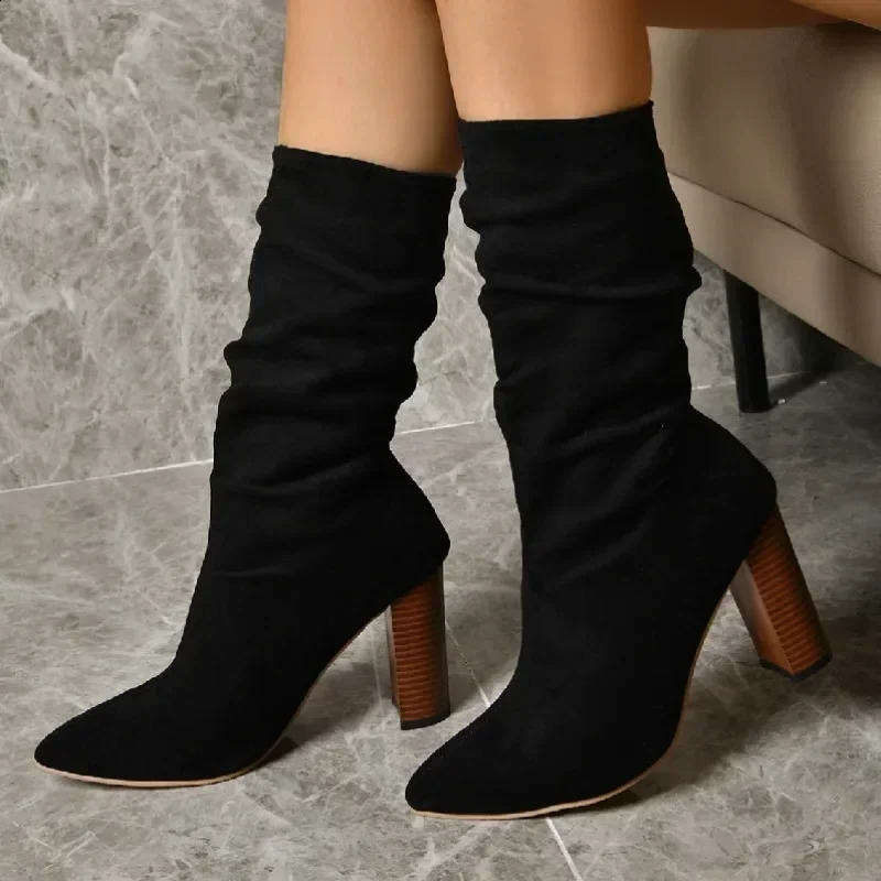 Womens Mid Calf Boots Autumn Women Heeled Shoes Black Large Size Pointed Toe Chunky Heel Comfortable Suede Boot 241216 - view 6