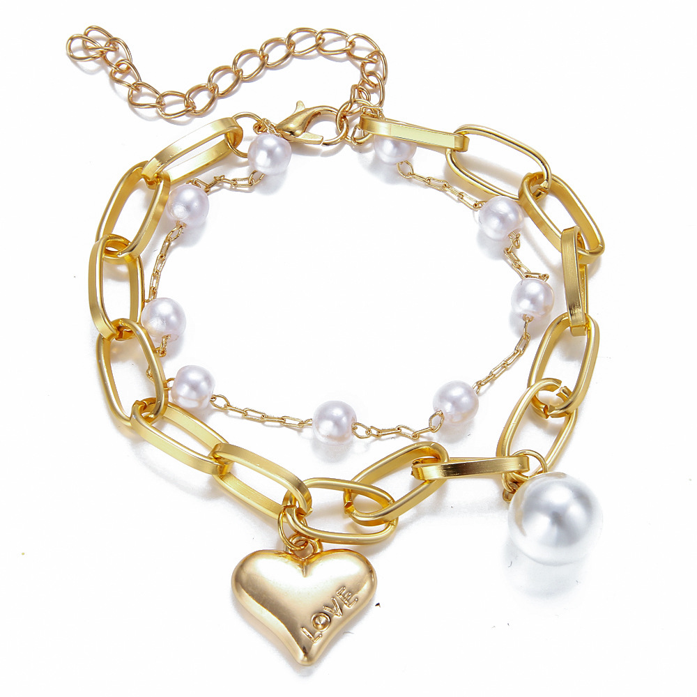 Double-Layer Charm Bracelet with Pearl Heart Pendant for Women - Trendy Fashion Jewelry Y2K 2025 Stainless Steel Gold Plated Hiphop Star Pearl Lover B