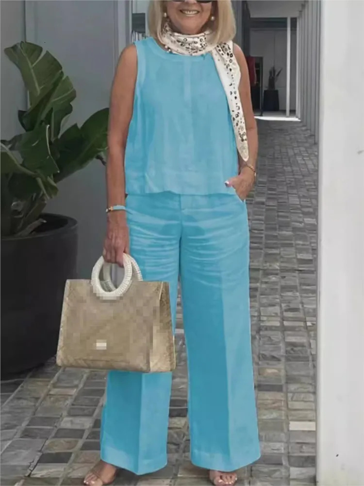 Cotton linen womens summer set fashionable sleeveless loose fitting shirt wide leg pants two-piece set womens casual set 241216