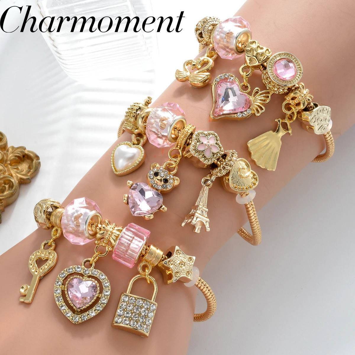 Premium Stainless Steel Charms Bracelet For Women Y2K Glazed Gem Beads Key Lock Love Hanging bracelet Gifts 241216