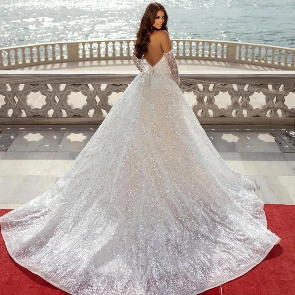 Sparkly Mermaid Wedding Dresses For Women V Neck Removable Sleeves Gown Sequins Detachable Train Customized Dress