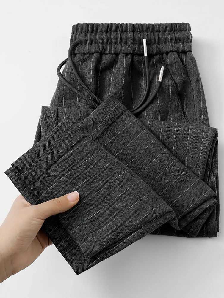 2025S Fashion Designer High Quality Striped Straight Casual Ice Silk Workwear Mens Streetwear Loose Drawstring Retro Sports Ankle Length En Pants