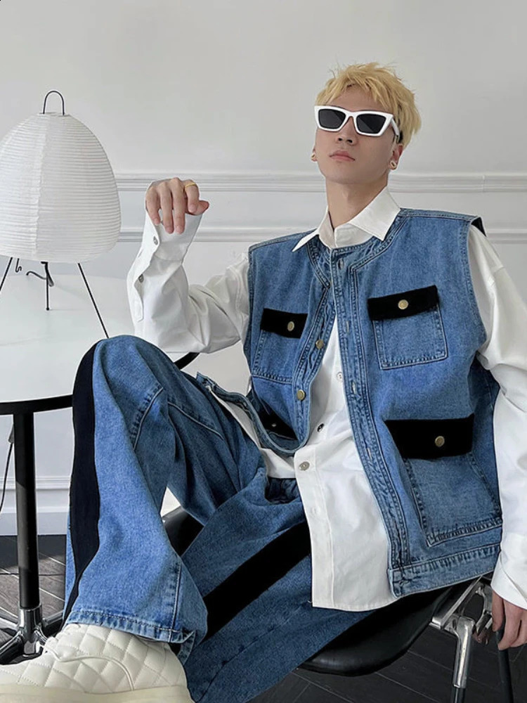 Gmiixder Jeans 2pcs Suit Men Trend Korean Handsome Casual Denim Vest Jacket High Street Jeans Two-piece SuitSingle Streetwear 241217