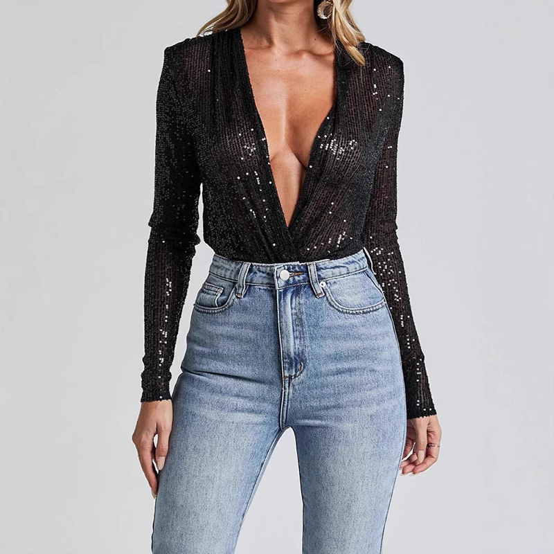Women Solid High Street Long Sleeve Jumpsuit Sexy Glitter Night Club Sequins Bodysuit Lady Patchwork Shinny Bottoming Playsuit