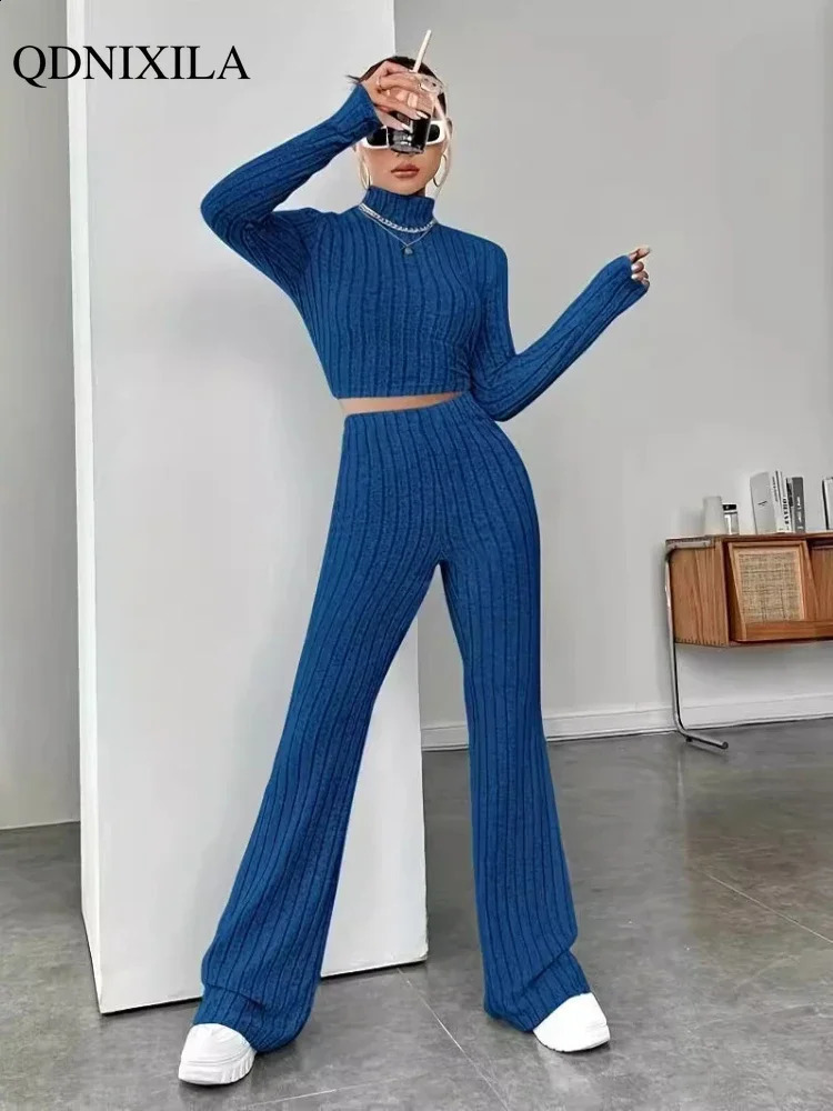 Elegant Womens Set Autumn High Waist Casual Knitted Pants Set Korean Fashion Turtle Neck Pulling Flower 2-piece Set Womens Set 241217