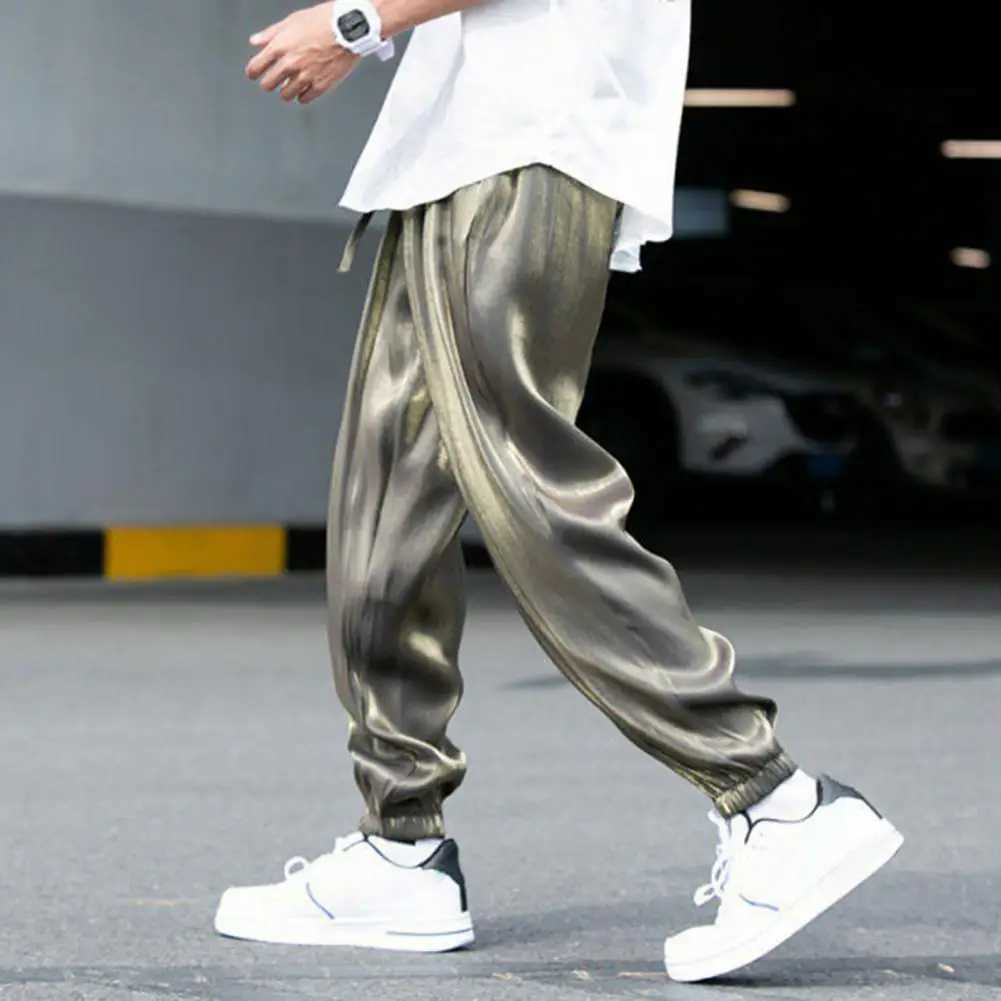 High Quality Ice Silk Men Sweatpants Hip Hop Bright Surface Colored Haren Pants Loose Trousers Spring Drawstring Elastic Waist Cargo Pants T241217