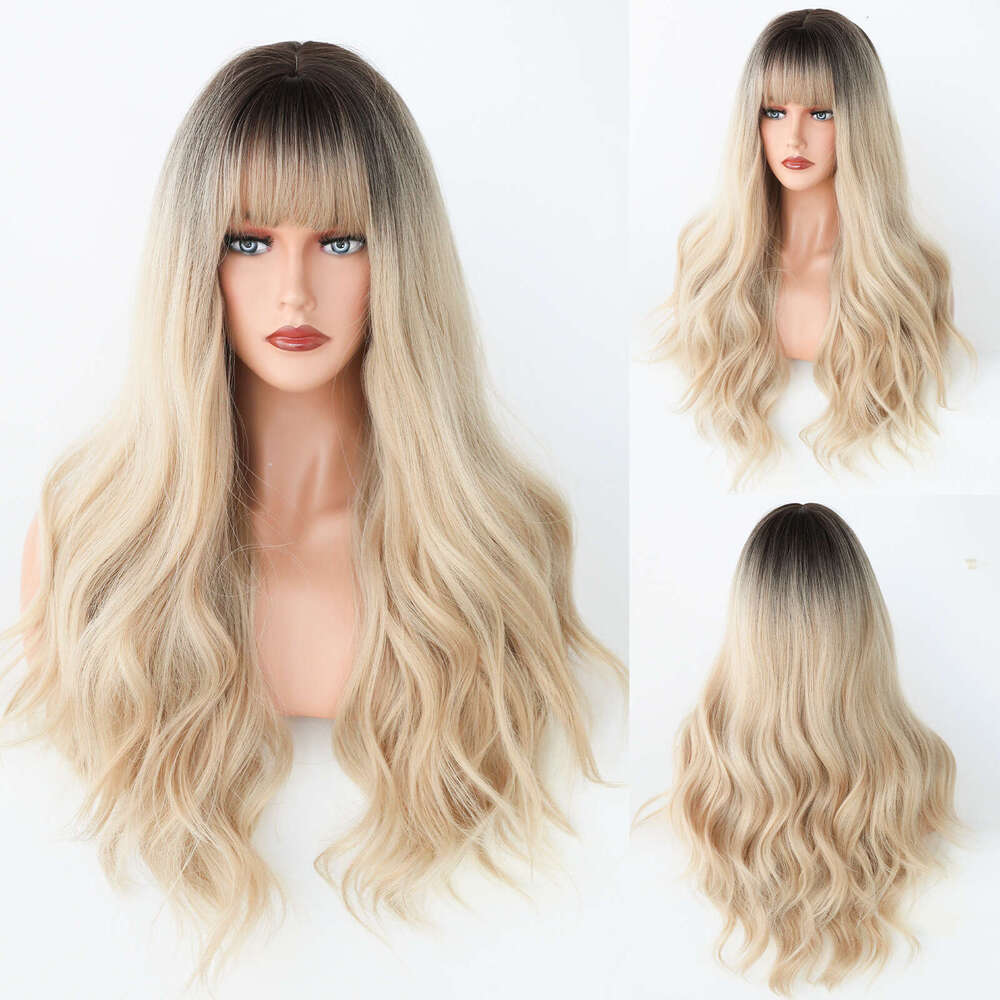 Brown Headband Gradient Color Wig Long Curly Hair Fashionable Layering With Bangs Wigs Kq9 Kq9