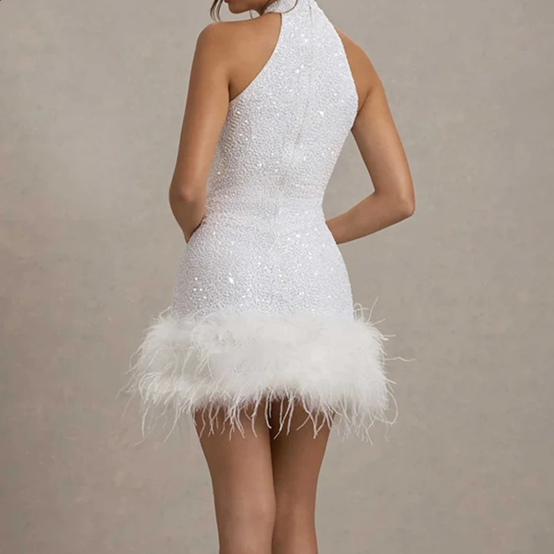 Casual Shiny Sequin Womens Mini Dress Elegant Feather Patchwork Sleeveless Short Dress Fashion O Neck Hollow Slim Party Dress 241216
