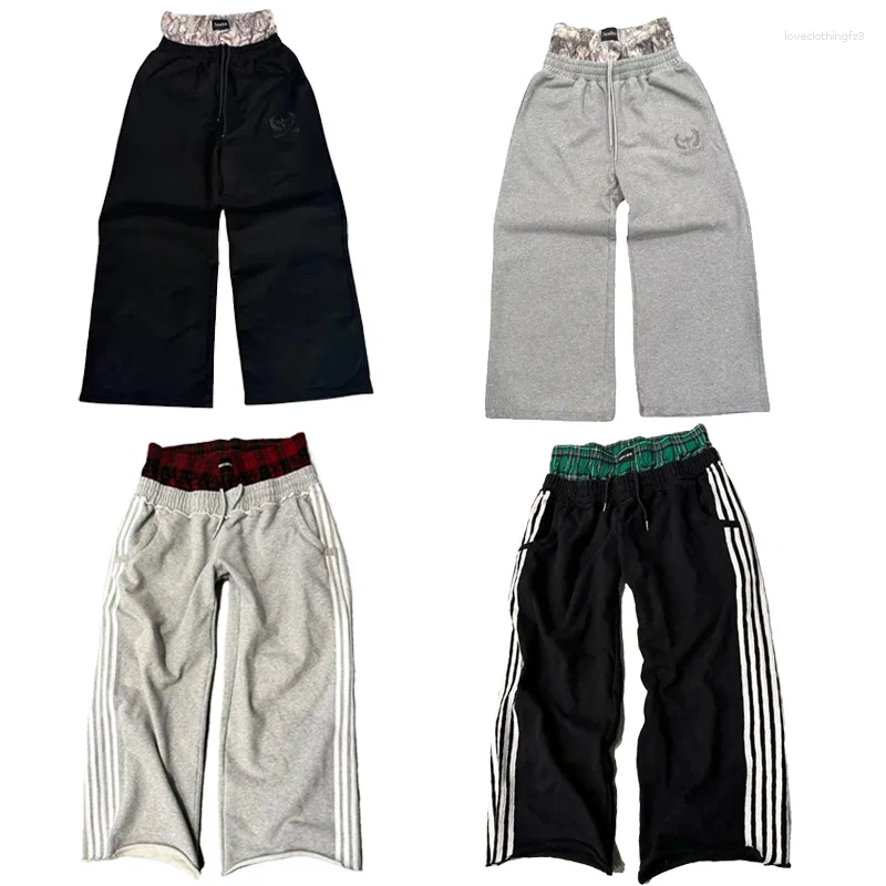 Men's Pants Y2k Vintage Haruku Double Embroidered Waist Sweatpants Men Wome Hip Hop Casual High Waisted Wide Leg Streetwear