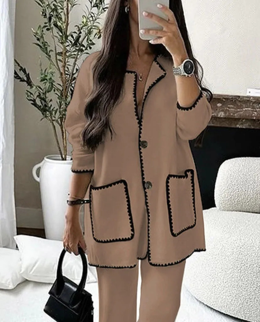 Womens two-piece long sleeved knitted pocket single chest cardigan autumn elegant and fashionable womens warm streetwear 241216