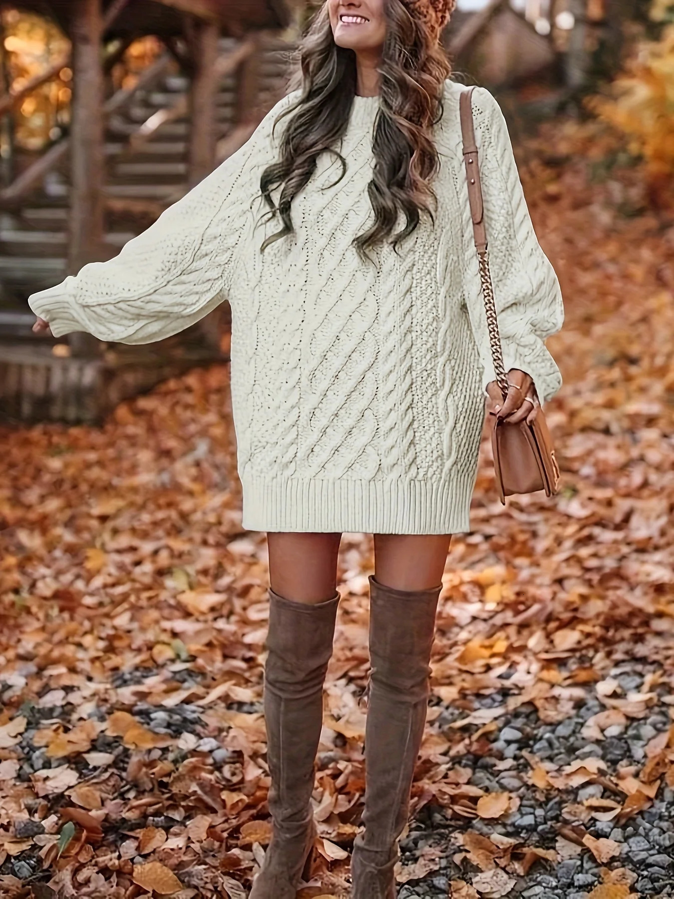 Comfortable womens long sleeved cable knit dress casual solid color crew neckline loose fit suitable for daily wear 241212