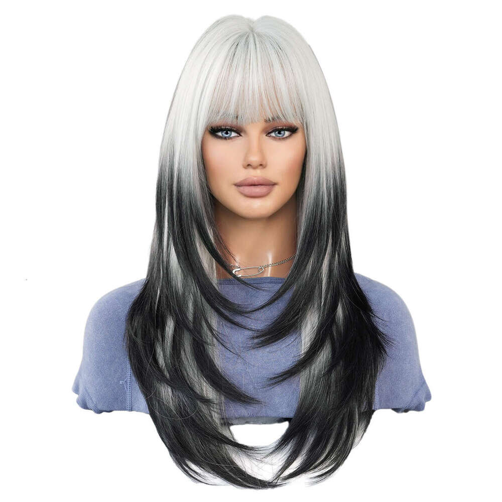 Ladies' Party Siamese Cat Sier White Gradient Black Long Straight High Level Wig Full Headset Kq9 Kq9