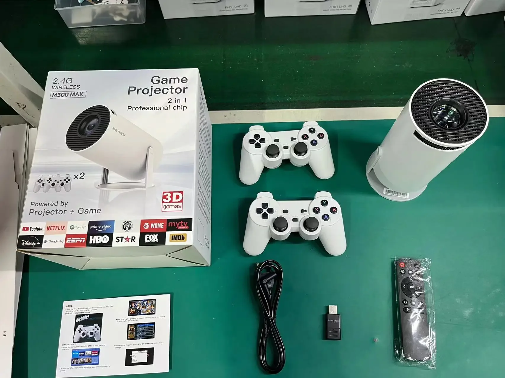 Projectors M300 MAX Retro Game Consoles Android 11 Portable 3D Game Projector with Two Handle RK3326 1080p BT5.4 4K Smart Home Theater S2527