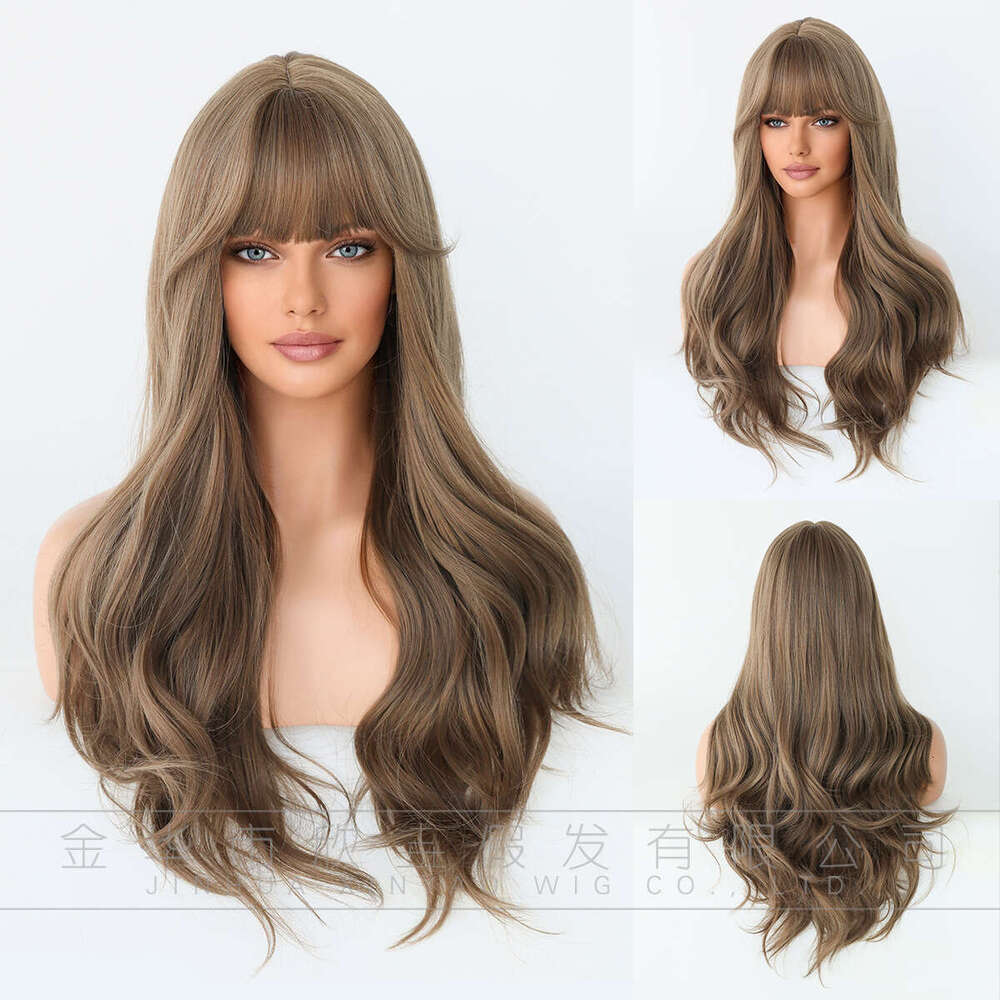 Female Long Hair Full Head Set With Brown Black Bangs, Large Waves, Natural Breathability, Fluffy Synthetic Wig Kq9 Kq9