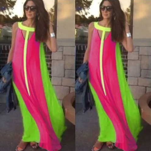 Fashion Summer Boho Maxi Dresses Bright Color Patchwork Casual Dresses Sleeveless Sundress