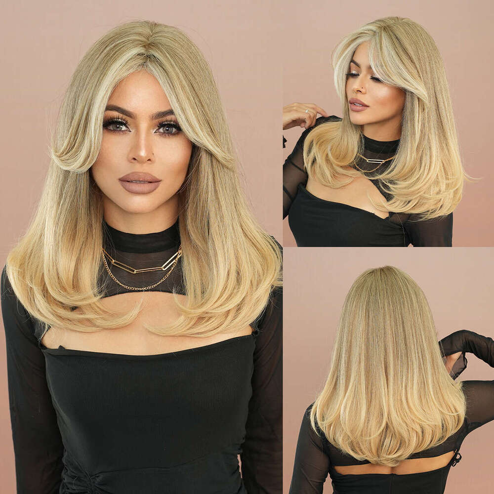 Women's Synthetic Full Head Cover Shoulder Length Layered Wig En Light Gold Eight Character Bangs Medium Long Curly Hair Kq9 Kq9