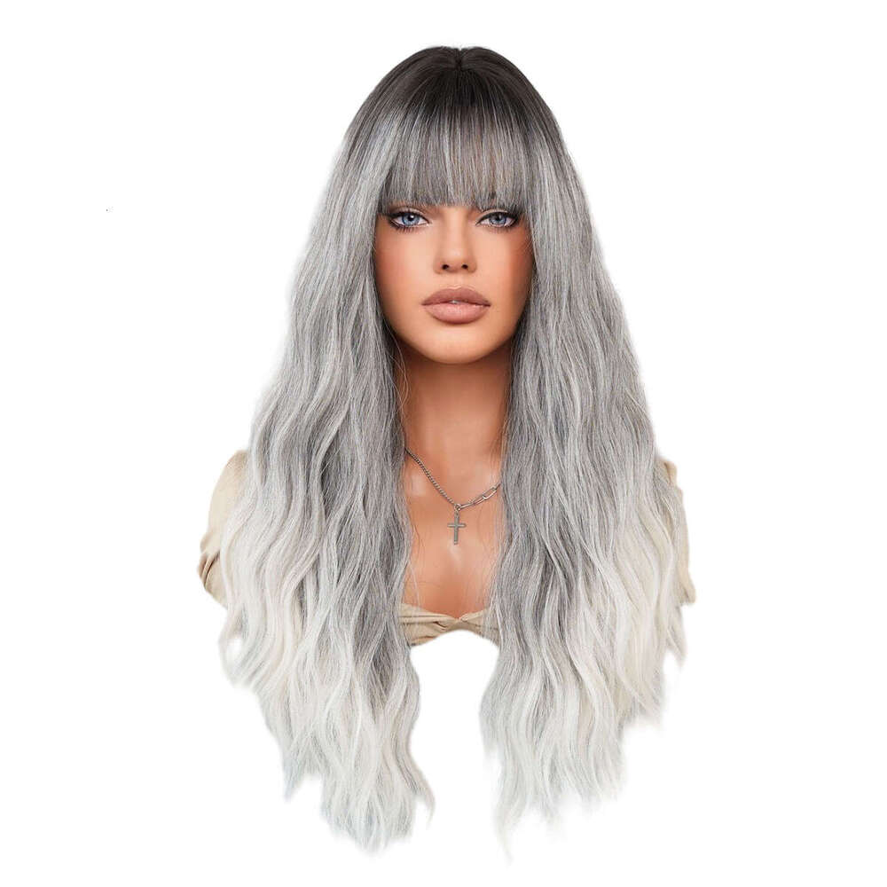 New Women's Wig Gray Gradient Long Curly Hair Big Wave Synthetic Full Head Cover Ombre Grey Wig Kq9 Kq9