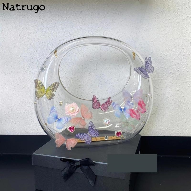Butterfly Decoration Acrylic Clutch Bag Women Clear Wedding Evening Party Round Purse Tote Handbag 241216