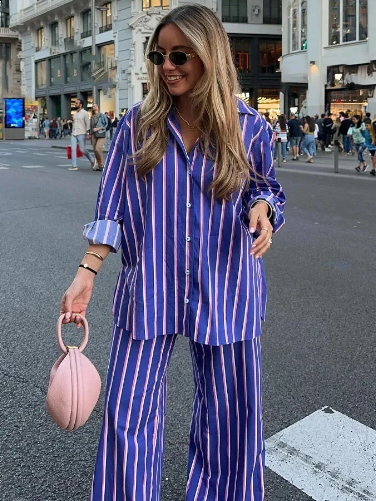 ZBZA Womens Oversized Striped Shirt Pants Suit Lapel Long Sleeves Top High Elastic Waist Pockets Straight Leg Pants Female Set 241217